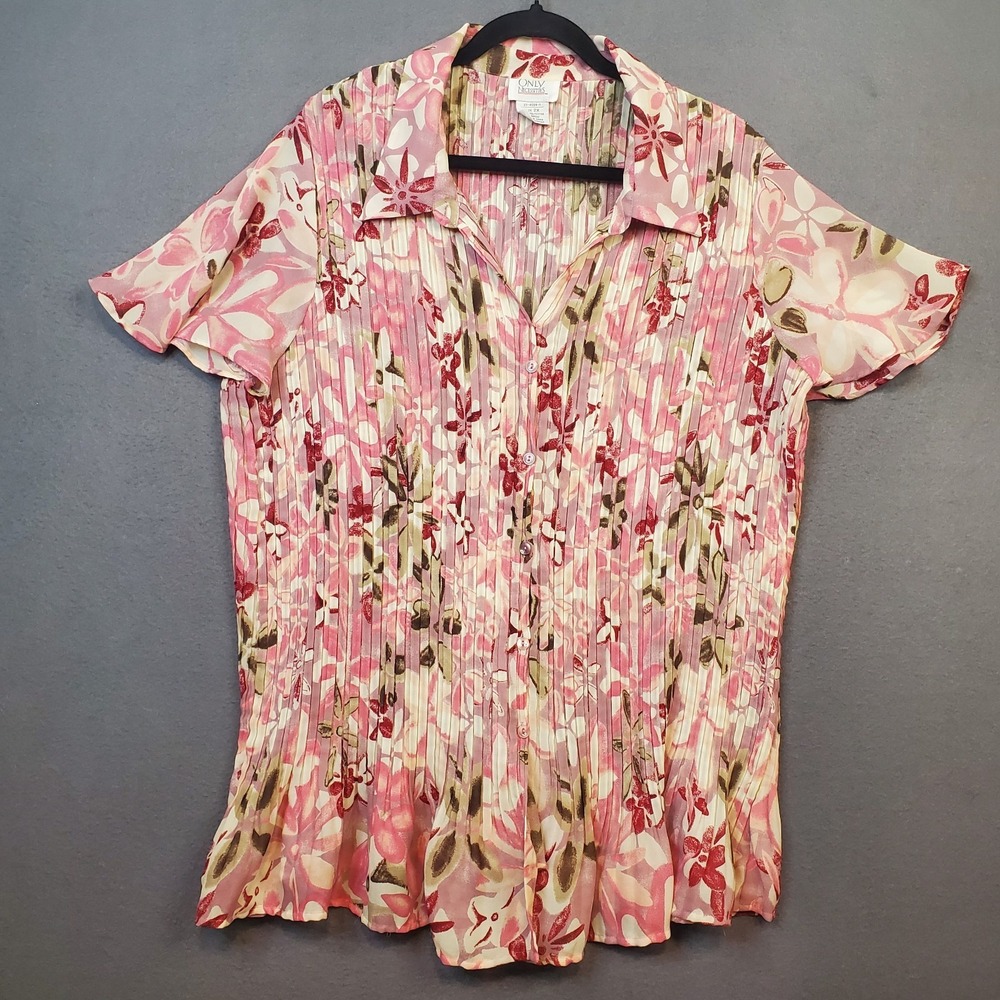 ONLY NECESSITIES Plus Crinkle Georgette Pleated Button Up Blouse Pink‎ Floral 2X